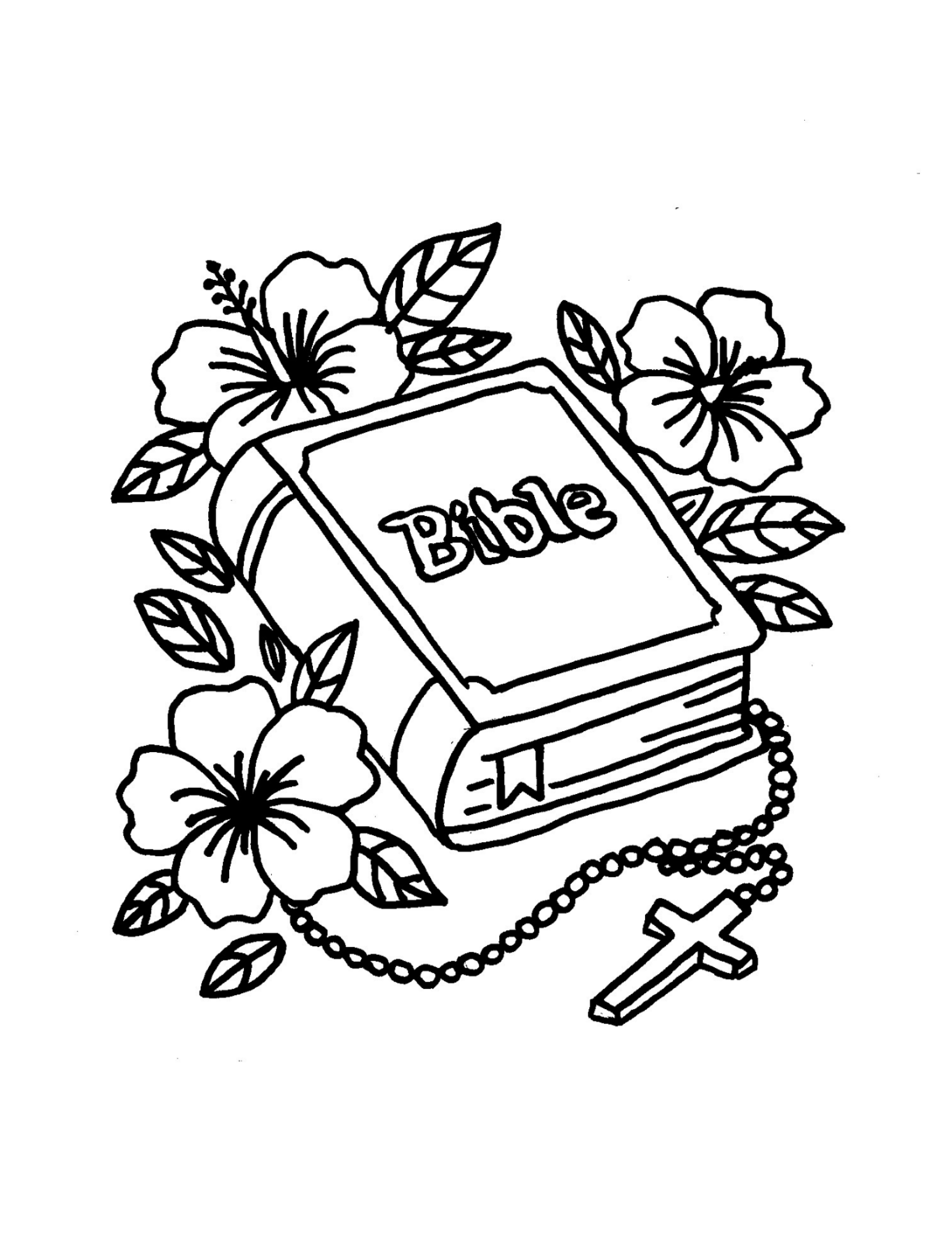 A colouring page with a picture of a bible, flowers and a rosary.